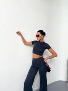 Osy Modal Yumuşak Dokulu Kumaş Kısa Kollu Crop Alt Ispanyol Paça Pantalon Ikili Takım - Füme resmi